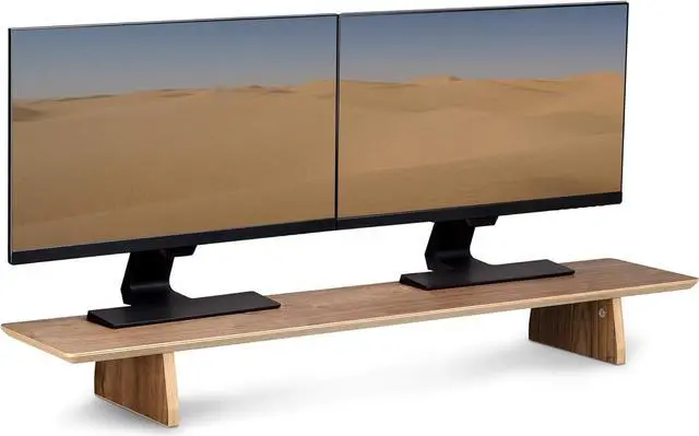 Alt view image 5 of 7 - Navaris Dual Monitor Stand Riser - Real Wood Double Width Desk Shelf for Holding 2 Computer Screens - 42.9" Wide x 9.1" Deep x 4.7" High - Walnut