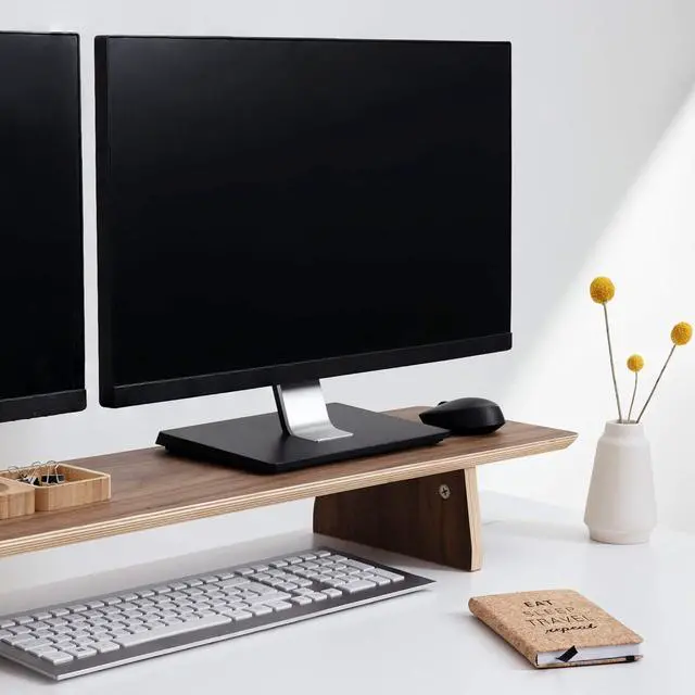 Alt view image 6 of 7 - Navaris Dual Monitor Stand Riser - Real Wood Double Width Desk Shelf for Holding 2 Computer Screens - 42.9" Wide x 9.1" Deep x 4.7" High - Walnut
