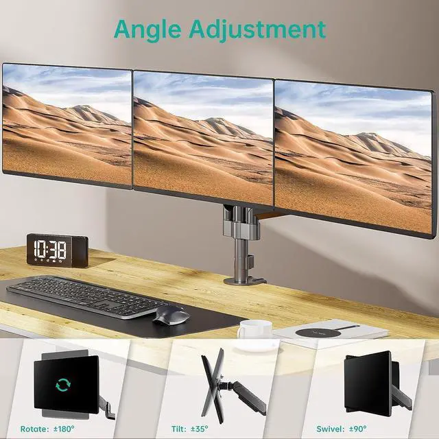 Alt view image 5 of 7 - WALI Triple Monitor Mount for 13-27 inch Screens, Adjustable 3 Monitors Desk Mount with Swivel, Tilt, Clamp & Grommet Kit, Gas Spring Arm Triple Monitor Stand, VESA 75x75/100x100mm (GSDM003), Black