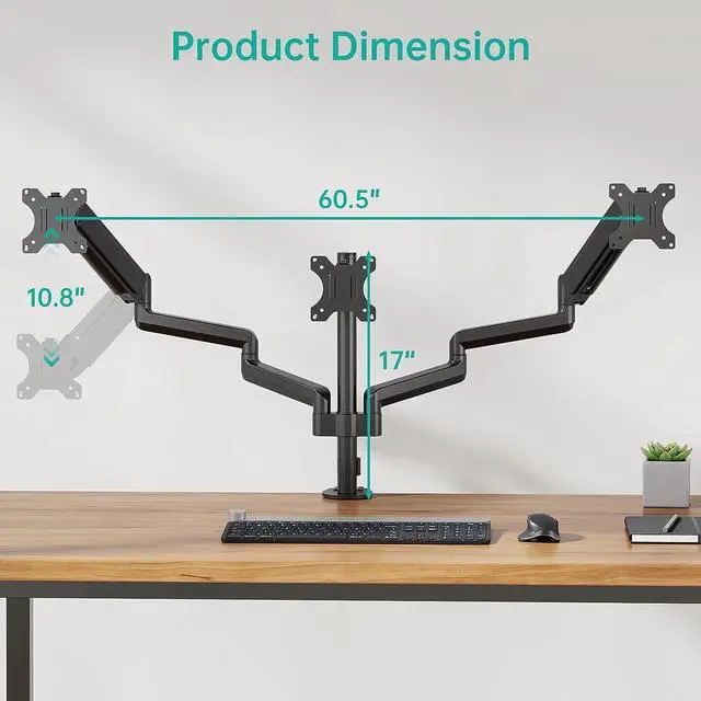Alt view image 7 of 7 - WALI Triple Monitor Mount for 13-27 inch Screens, Adjustable 3 Monitors Desk Mount with Swivel, Tilt, Clamp & Grommet Kit, Gas Spring Arm Triple Monitor Stand, VESA 75x75/100x100mm (GSDM003), Black