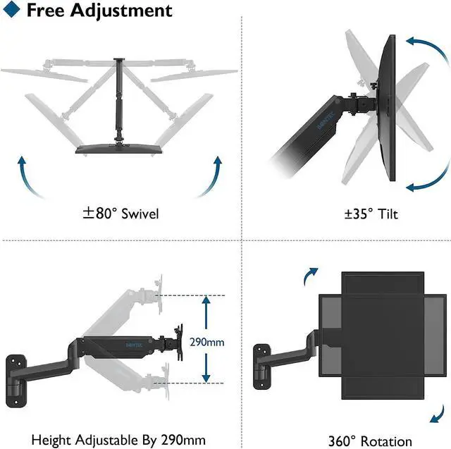 Alt view image 2 of 7 - BONTEC Monitor Wall Mount Bracket for 13 to 42 Inch Screens, Gas Spring Arm Wall Mount, Height Adjustable Articulating Single Arm Wall Stand with VESA Extended Arm Up to 22.2 Inch, Max VESA 200x200