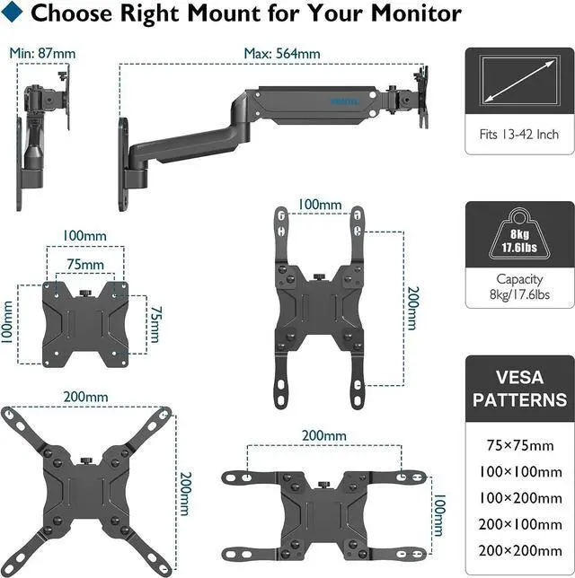 Alt view image 5 of 7 - BONTEC Monitor Wall Mount Bracket for 13 to 42 Inch Screens, Gas Spring Arm Wall Mount, Height Adjustable Articulating Single Arm Wall Stand with VESA Extended Arm Up to 22.2 Inch, Max VESA 200x200