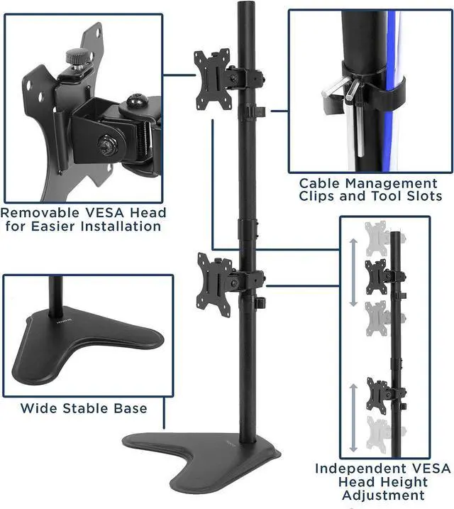 Alt view image 3 of 7 - Mount-It! Vertical Dual Monitor Stand Stacked Monitor Free Standing Desk Mount Height Adjustable Tilt Swivel Rotate Ergonomic Riser VESA Compatible for Two Screens 13 to 32 Inches Black