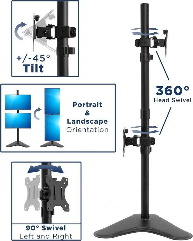 Alt view image 5 of 7 - Mount-It! Vertical Dual Monitor Stand Stacked Monitor Free Standing Desk Mount Height Adjustable Tilt Swivel Rotate Ergonomic Riser VESA Compatible for Two Screens 13 to 32 Inches Black