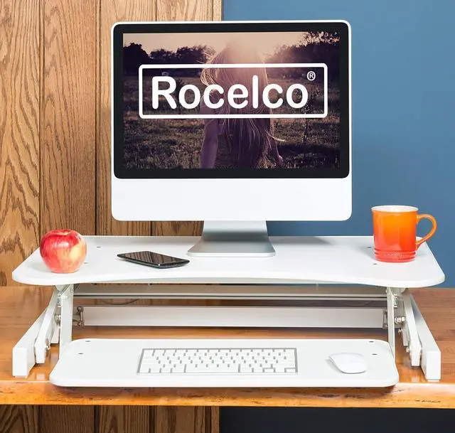 Alt view image 5 of 6 - Rocelco 32" Height Adjustable Standing Desk Converter - Quick Sit Stand Up Dual Monitor Riser - Gas Spring Assist Tabletop Computer Workstation - Large Retractable Keyboard Tray - White (R ADRW)