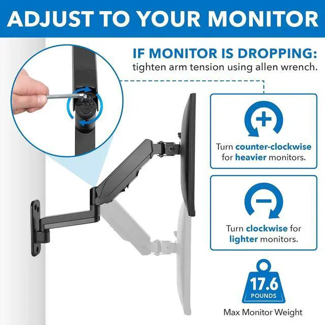Alt view image 5 of 7 - Mount-It! Monitor Wall Mount with Full Motion Gas Spring Arm | Height Adjustable Bracket for Flat Panel Screens Up to 32" | Fits VESA 75 and 100, 17.6 Lbs Capacity, Black