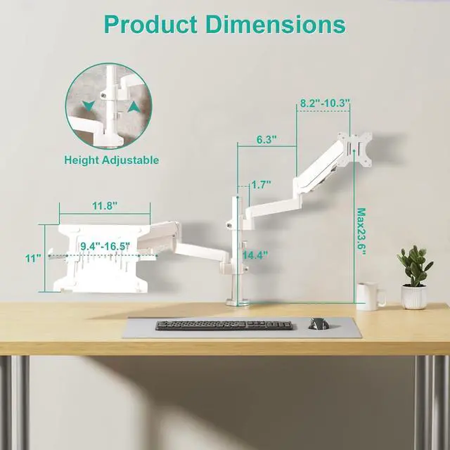 Alt view image 5 of 7 - WALI Monitor Laptop Mount Stand, Laptop Gas Spring Arm Mount, Laptop Tray up to 15.6 inch, Monitor up to 32 inch, 17.6lbs (GSDM002LPW), White