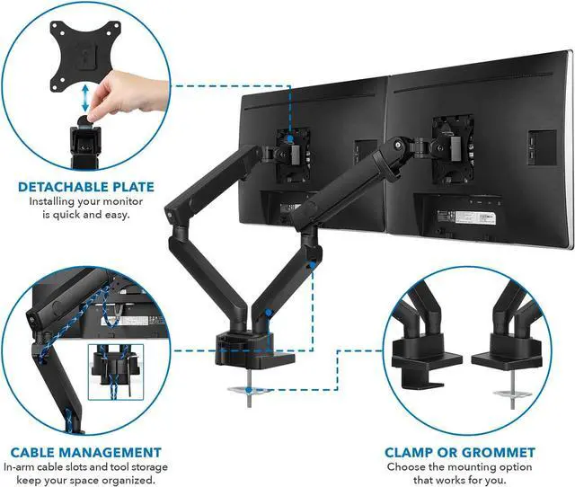Alt view image 3 of 7 - Mount-It! Dual Monitor Arm Mount Desk Stand | Premium Quality | Articulating Mechanical Spring Height Adjustable | Fits Two 24 27 29 30 32 Inch VESA 75 100 Compatible Screens | C-Clamp and Grommet