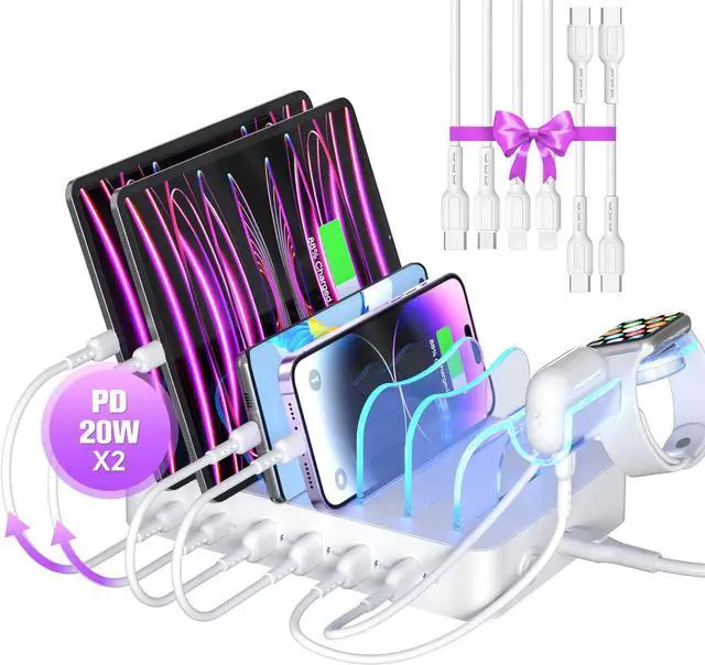Main image of SooPii 6-Port USB C Charging Station for Multiple Devices 2 PD 20W Fast Charging for lPhone 15 and More 6 Charging Cables and 2in1 Holder for IWatch Charger & Air Pods Included