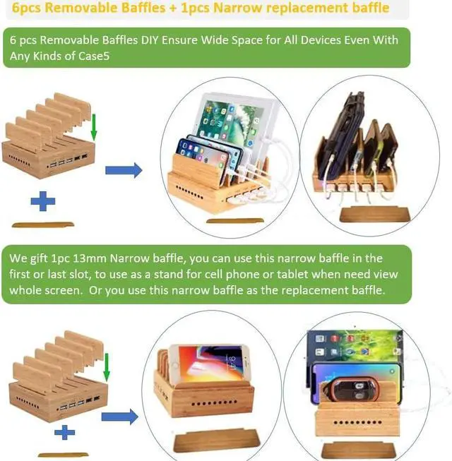 Alt view image 3 of 7 - Yisen Wood Bamboo Multi Device Charging Station 5-Port USB Charging Dock for for iPhone, iPad, Universal Phones, Tablets and Other USB-Charged Devices(with 5 USB Charge Cables)