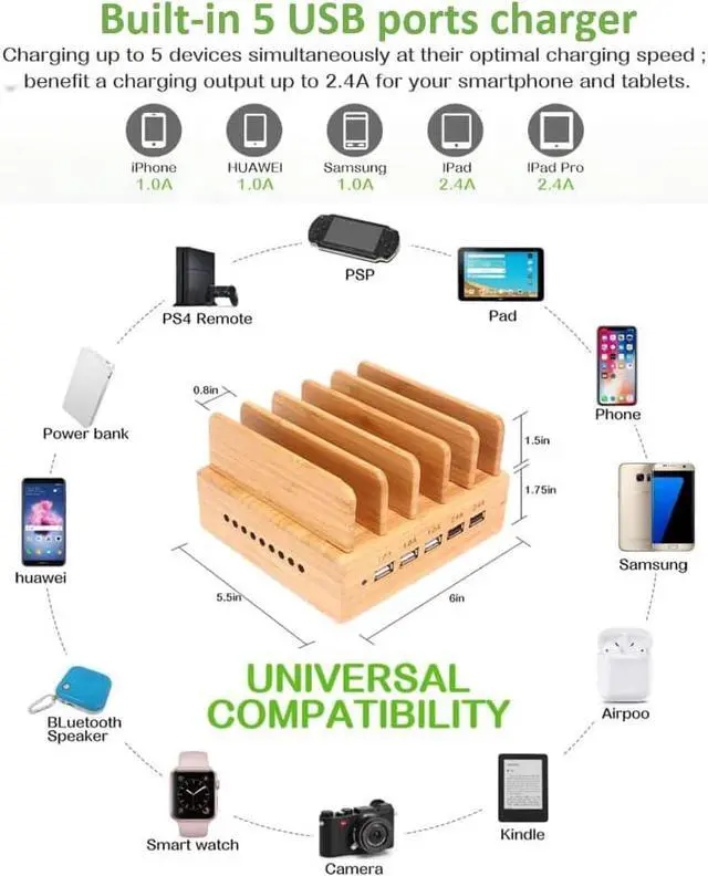 Alt view image 2 of 7 - Yisen Wood Bamboo Multi Device Charging Station 5-Port USB Charging Dock for for iPhone, iPad, Universal Phones, Tablets and Other USB-Charged Devices(with 5 USB Charge Cables)