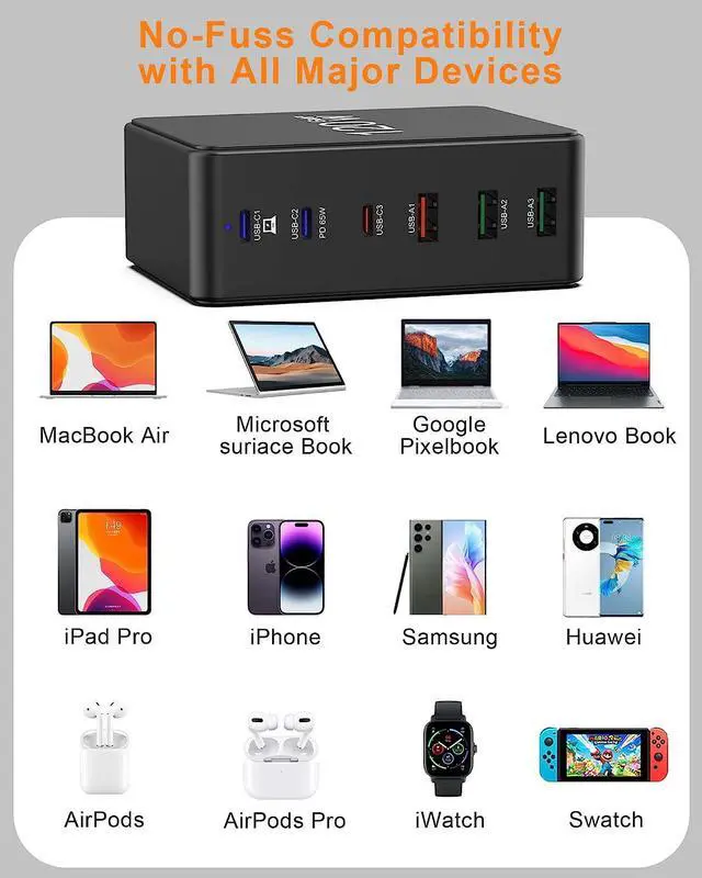 Alt view image 4 of 7 - Binamao 120W USB Charging Station, 6-Port USB C Charger GaN USB Charger Station for Multiple Devices, USB Charging Hub 3 Type C & 3 USB-A for MacBook iPad iPhone 14 13 12 11 Pro Galaxy Android Laptop