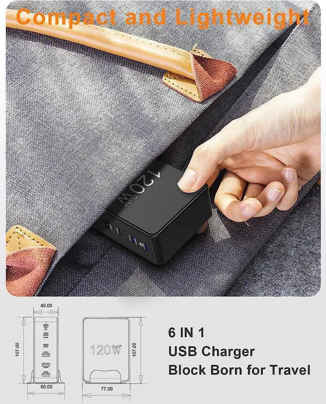 Alt view image 6 of 7 - Binamao 120W USB Charging Station, 6-Port USB C Charger GaN USB Charger Station for Multiple Devices, USB Charging Hub 3 Type C & 3 USB-A for MacBook iPad iPhone 14 13 12 11 Pro Galaxy Android Laptop