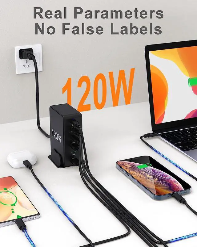 Alt view image 3 of 7 - Binamao 120W USB Charging Station, 6-Port USB C Charger GaN USB Charger Station for Multiple Devices, USB Charging Hub 3 Type C & 3 USB-A for MacBook iPad iPhone 14 13 12 11 Pro Galaxy Android Laptop