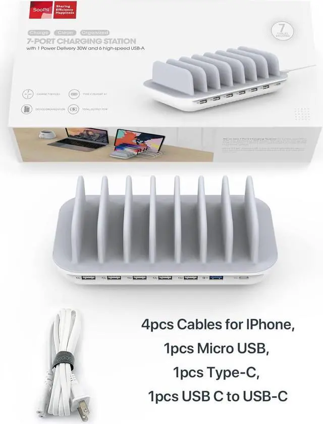 Alt view image 2 of 6 - SooPii 70W 7 Port Charging Station for Multiple Devices,Charger Station with One 30W Power Delivery Port for Laptops,and 6 USB Ports for Smart Phones,Tablets,Other Electronics