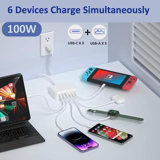 Alt view image 3 of 7 - USB C Fast Charger Block, Bangfun 6 Port 100W USB Type C Charging Station Hub Fast Charging Wall Charger Plug Cube with 3 USB A & USB C Powe Strip Adapter for iPhone 15 14 13 12 11 iPad, Pixel-White