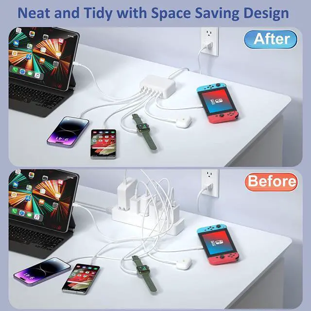 Alt view image 5 of 7 - USB C Fast Charger Block, Bangfun 6 Port 100W USB Type C Charging Station Hub Fast Charging Wall Charger Plug Cube with 3 USB A & USB C Powe Strip Adapter for iPhone 15 14 13 12 11 iPad, Pixel-White