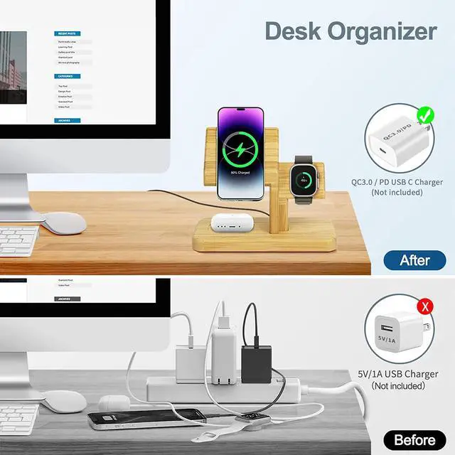 Alt view image 5 of 7 - 3 in 1 Wireless Charging Station for Apple Devices, Fast 20W Wireless Charger Stand Dock, Magnetic Bamboo Charging Station for iPhone 12-15 Pro/Max/Plus, for iWatch 8/7/6/5/4/3/SE, for AirpodsPro/3/2