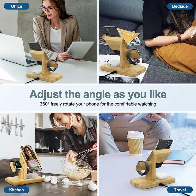 Alt view image 6 of 7 - 3 in 1 Wireless Charging Station for Apple Devices, Fast 20W Wireless Charger Stand Dock, Magnetic Bamboo Charging Station for iPhone 12-15 Pro/Max/Plus, for iWatch 8/7/6/5/4/3/SE, for AirpodsPro/3/2