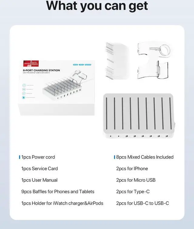 Alt view image 2 of 7 - SooPii 8-Port USB-C Charging Station for Multiple Devices, with 1 PD 20W Port Supports Fast Charging, 8pcs Mixed Charging Cables and 1pcs Upgraded Holder for lWatch Charger & Air-Pods, White