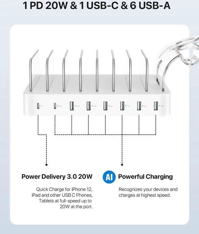 Alt view image 4 of 7 - SooPii 8-Port USB-C Charging Station for Multiple Devices, with 1 PD 20W Port Supports Fast Charging, 8pcs Mixed Charging Cables and 1pcs Upgraded Holder for lWatch Charger & Air-Pods, White
