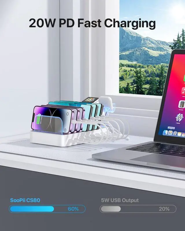 Alt view image 5 of 7 - SooPii 8-Port USB-C Charging Station for Multiple Devices, with 1 PD 20W Port Supports Fast Charging, 8pcs Mixed Charging Cables and 1pcs Upgraded Holder for lWatch Charger & Air-Pods, White