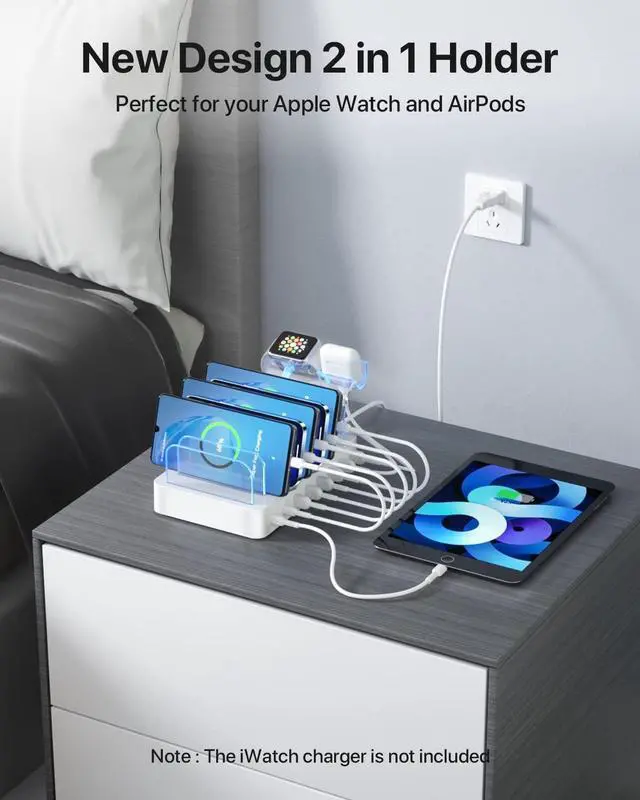 Alt view image 7 of 7 - SooPii 8-Port USB-C Charging Station for Multiple Devices, with 1 PD 20W Port Supports Fast Charging, 8pcs Mixed Charging Cables and 1pcs Upgraded Holder for lWatch Charger & Air-Pods, White
