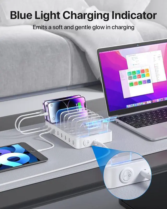 Alt view image 6 of 7 - SooPii 8-Port USB-C Charging Station for Multiple Devices, with 1 PD 20W Port Supports Fast Charging, 8pcs Mixed Charging Cables and 1pcs Upgraded Holder for lWatch Charger & Air-Pods, White