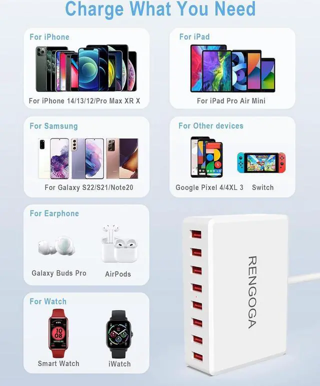 Alt view image 4 of 7 - USB Charging Station, RENGOGA 50W/10A USB Charger 8-Ports USB Charging Hub, Multi USB Charger Block for Multilple Devices, iPhone 15 14 13 Pro Max,iPad Air, Samsung Galaxy S21 S20, Tablet-White