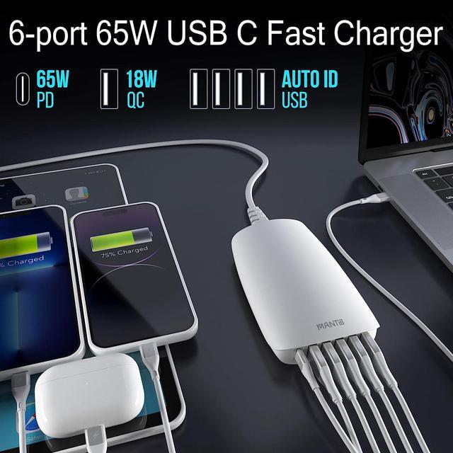 USB Charging Station, MANTO 65W PD3.0 & QC3.0 USB C Charger, 6