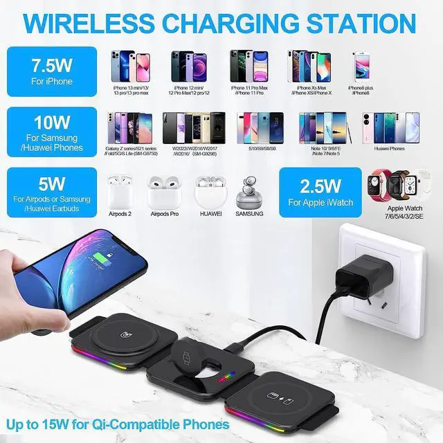 Alt view image 2 of 7 - Fast Wireless Charger 3 in 1, ALUXKEE Magnetic Foldable Wireless Charging Station for iPhone 15/14/13/12 Pro Max/X/Xs Max/8,AirPods iWatch Series 7/6/5/SE/4/3/2 (with QC3.0 Adapter)