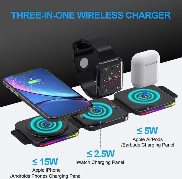 Alt view image 3 of 7 - Fast Wireless Charger 3 in 1, ALUXKEE Magnetic Foldable Wireless Charging Station for iPhone 15/14/13/12 Pro Max/X/Xs Max/8,AirPods iWatch Series 7/6/5/SE/4/3/2 (with QC3.0 Adapter)