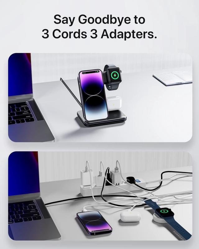 Alt view image 3 of 6 - Intoval Charging Station for Apple iPhone/iWatch/Airpods, 3 in 1 Wireless Charger for iPhone 14/13/12/11/XS/XR/XS/X/8, iWatch 8/Ultra/7/6/SE/5/4/3/2, Airpods Pro2/Pro1/3/2/1 (Z5,Black)