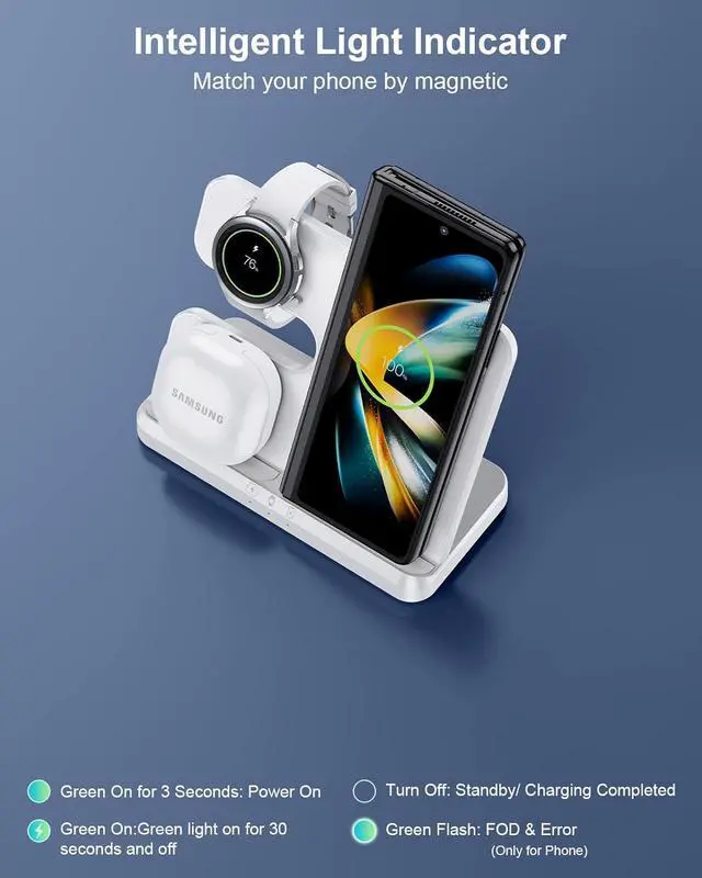 Alt view image 5 of 6 - ZUBARR Wireless Charging Station for Samsung 3 in 1 Wireless Charger for Galaxy Z Flip 4/3 Z Fold 4 S22 S21 S20 Note20 Compatible with Samsung Watch Charger for Galaxy Watch 5/4/3, Galaxy Buds, White