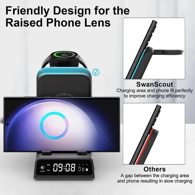 Alt view image 6 of 7 - SwanScout Wireless Charging Station for Samsung, Travel Portable Charger 4 in 1 for Samsung Galaxy S23 Ultra/S23/S22 Ultra/S22/S21/Note 20, Galaxy Watch 6/6 Classic/5/5 Pro/4, Galaxy Buds 2 Pro/Pro