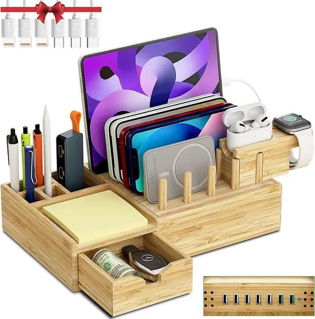Main image of 7 in 1 Bamboo Charging Station for Multiple Devices - Darfoo Wood Charging Dock Organizer with Drawer, 7 USB Charging Ports Compatible with Cell Phones, Tablet, Smart Watch & Earbud