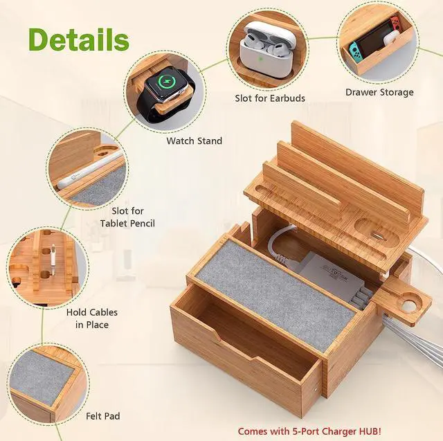 Alt view image 2 of 7 - Pezin & Hulin Bamboo Charging Station for Multi Device, With Power Charger & Cables, Nightstand Docking Station with Lined Tray & Drawer, Compatible with Tablet, Cell Phones