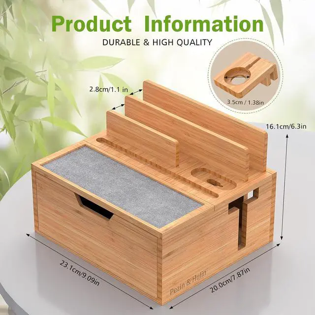 Alt view image 7 of 7 - Pezin & Hulin Bamboo Charging Station for Multi Device, With Power Charger & Cables, Nightstand Docking Station with Lined Tray & Drawer, Compatible with Tablet, Cell Phones