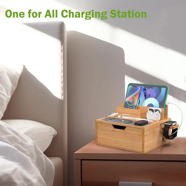 Alt view image 5 of 7 - Pezin & Hulin Bamboo Charging Station for Multi Device, With Power Charger & Cables, Nightstand Docking Station with Lined Tray & Drawer, Compatible with Tablet, Cell Phones