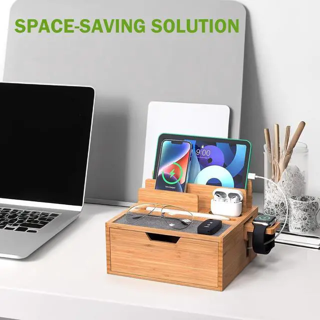 Alt view image 6 of 7 - Pezin & Hulin Bamboo Charging Station for Multi Device, With Power Charger & Cables, Nightstand Docking Station with Lined Tray & Drawer, Compatible with Tablet, Cell Phones
