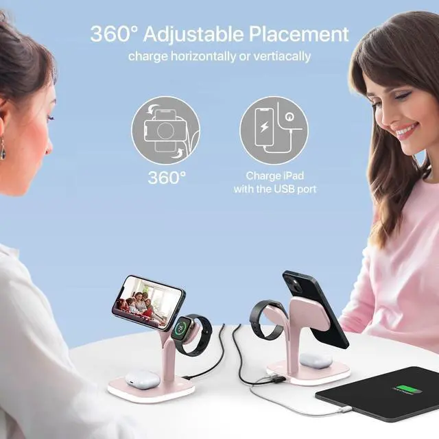 Alt view image 4 of 6 - EXW Magnetic Charging Station, 5 in 1 Faster Mag-Safe Wireless Charger Stand for iPhone 15 14,13,12 Pro/Max/Mini, Apple Watch 9/8/7/6/SE/5/4/3/2 and Airpods 3/2/Pro/Pro 2 with LED and Adapter (Pink)