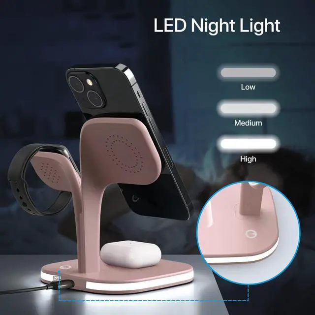 Alt view image 6 of 6 - EXW Magnetic Charging Station, 5 in 1 Faster Mag-Safe Wireless Charger Stand for iPhone 15 14,13,12 Pro/Max/Mini, Apple Watch 9/8/7/6/SE/5/4/3/2 and Airpods 3/2/Pro/Pro 2 with LED and Adapter (Pink)