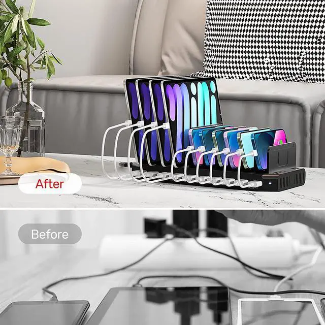 Alt view image 5 of 7 - Unitek USB Charging Station for Multiple Devices, Charger Organizer Stand Dock with Dividers, Quick Charge 3.0 Compatible for Smartphone, Tablet, iPad and Other Electronics