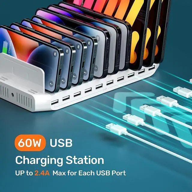 Alt view image 2 of 6 - Alxum 60W 10 Ports USB Charging Station for Multiple Devices, Multi USB Charger Station with 5V/2.4A Output for Phone, Tablet and More, White