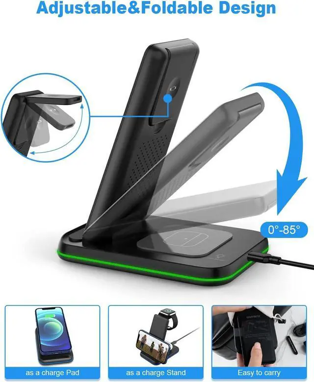 Alt view image 6 of 7 - Foldable Wireless Charger for Multiple Devices 3 in 1 Wireless Charging Station for Travel, Compatible with iPhone15 14 13 12 11/Pro/XR, iWatch Charger for7/6/5/4/3/2, Airpods Wireless/Pro