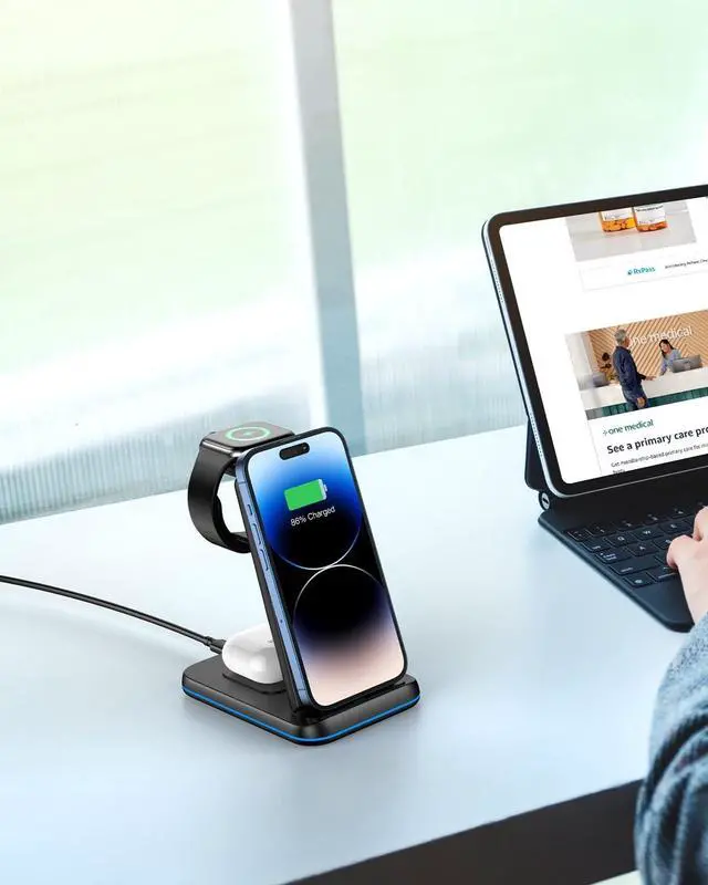 Alt view image 7 of 7 - Foldable Wireless Charger for Multiple Devices 3 in 1 Wireless Charging Station for Travel, Compatible with iPhone15 14 13 12 11/Pro/XR, iWatch Charger for7/6/5/4/3/2, Airpods Wireless/Pro
