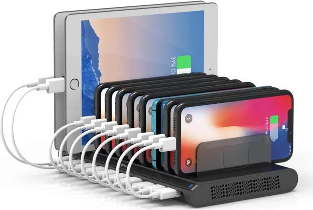 Main image of 10 Port USB Charging Station, Charging Station for Multiple Device with Adjustable Dividers, Compatible with iPhone, iPad Air/Mini, Samsung Galaxy, LG stylo, Google Pixel, Kindle, Black (60W(10*A))
