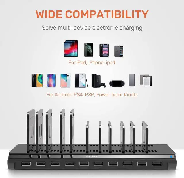 Alt view image 3 of 7 - 10 Port USB Charging Station, Charging Station for Multiple Device with Adjustable Dividers, Compatible with iPhone, iPad Air/Mini, Samsung Galaxy, LG stylo, Google Pixel, Kindle, Black (60W(10*A))