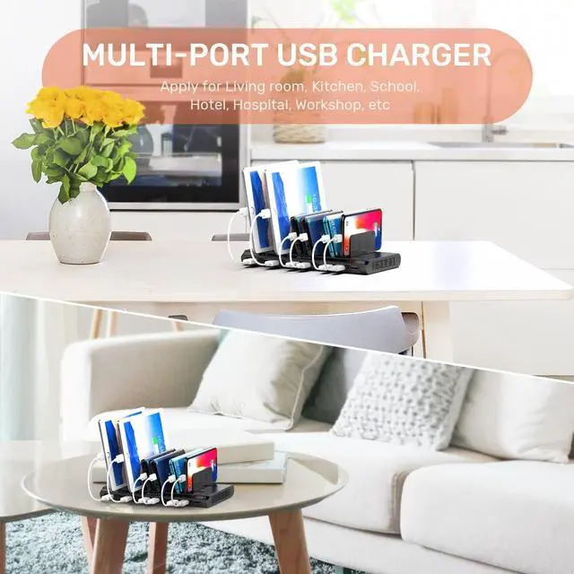 Alt view image 7 of 7 - 10 Port USB Charging Station, Charging Station for Multiple Device with Adjustable Dividers, Compatible with iPhone, iPad Air/Mini, Samsung Galaxy, LG stylo, Google Pixel, Kindle, Black (60W(10*A))