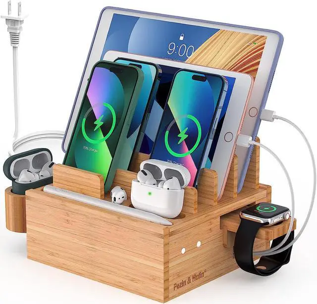 Main image of Phone Docking Station for Multiple Devices, with Charger HUB Adapter, Electronic Organizer Stand Box- for Cell Phones, Tablets, Watches, with 5 Cables, Bamboo
